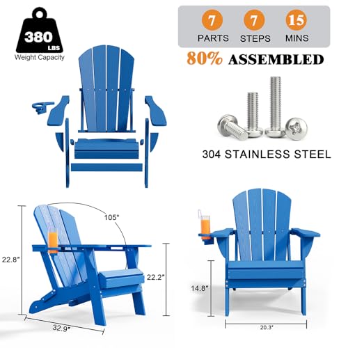 Patio Kingdom Folding Adirondack Chairs with Cup Holders, Set of 6 HDPE Plastic Outdoor Chairs, Weather Resistant, Real Wood Look, Heavy-Duty Patio Furniture for Deck, Fire Pit, Backyard, Blue