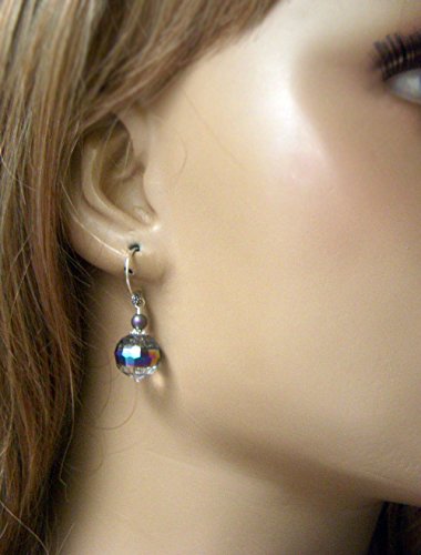 Iridescent Glass Crystal Earrings, Rainbow Finish, Clear Dangle, Disco Ball, Sterling Silver - Thumbnail 2
