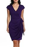 Women's Classic Cap Sleeve V-Neck Draped Tie-Belt Cocktail Wrap Dress, Purple, Small