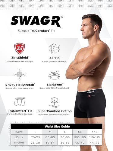 SWAGR 5 Pack Men's Super Combed Cotton Underwear Trunks | Classic TruComfort Fit | Powered by ZincShield Anti-Bacterial Tech | Aerflo Breathability | 4-way FlexStretch | SOXCO Style SG05