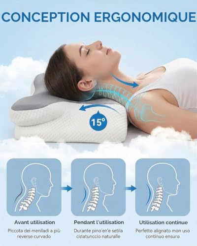 Ergonomic Cervical Pillow, Breathable Ice Fibre Cover, Anti-Sweat Cervical Cushion for Neck and Shoulder Pain, Ideal in Summer, Side Sleeper and Back Sleeper (Grey)