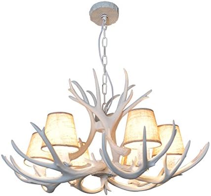 Shengdi Deer Horn E12 BUlb 6-Light Iron Resin Industrial Retro Droplight Pendant lamp Ceiling lamp Ceiling light Chandelier Lighting Fixture for Restaurant Balcony Bedroom lampshade White 1017C-6