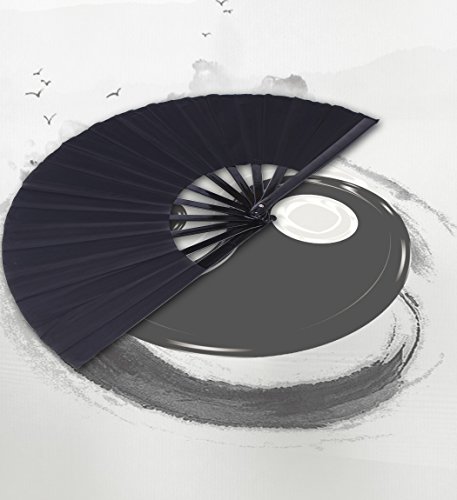 HONSHEN Folding Fan Chinese Hand Fan Performance Fan Nylon-Cloth Fan 13 inch (Black) - Thumbnail 2