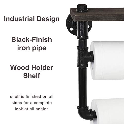 JS NOVA JUNS Industrial Paper Tower Holder, Toilet Roll Holder Wall Mount with Wood Shelf Storage, Black Electroplated Pipe Tissue Holder for Bathroom, Washroom, Double