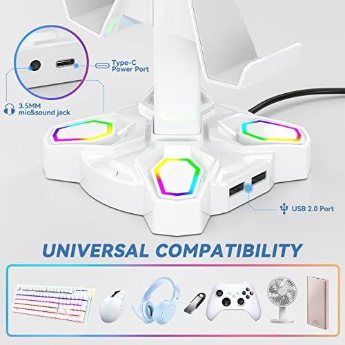 Gaming Headset Halterung LED mit USB Typ-C Ladegeräten, Universal Kopfhörer Halter & Controller Halter mit 9 Lichtmodi, Drehbare Headset Ständer mit 3,5mm AUX für Alle Kopfhörer PS4 Xbox (Weiß)