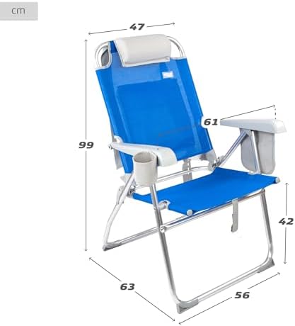 Pack 2 sillas de Playa Plegables, 47x63x99 cm, 8 Posiciones, Color Azul, Soportan 110 kg, Incluyen cojín, Posavasos, Bolsillos, Asas de Transporte, Topes antivuelco, Tejido textileno (85482)