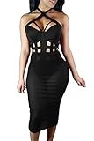 Pink Queen Women's Bandage Bodysuit Mesh Midi Skirts Set Halter Sheer Dress, Size Medium, Black