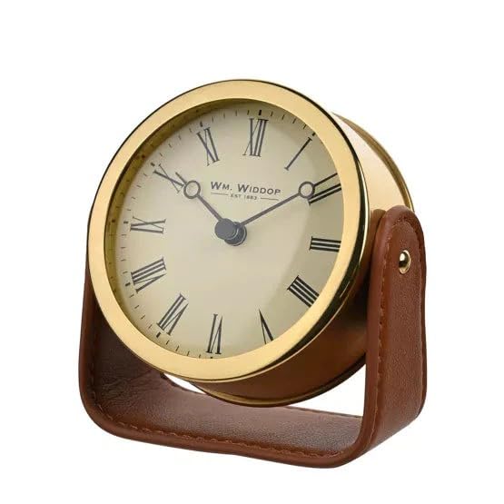 WM.Widdop. Gold Mantel Clock On Light Brown Leather Stand - W2942