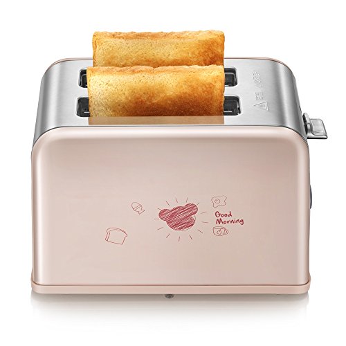 Pink 2-Slice Fully Automatic Toaster Stainless Steel With Dust Cover Baking Rack 3.5Cm Extra Wide Slots Removable Crumb Tray Auto Shut-Off High Lift Lever