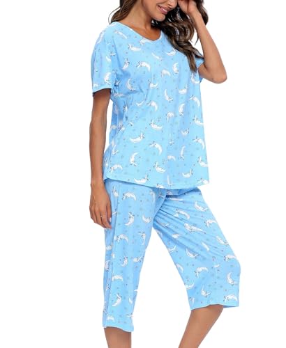 Mia Lucce Schlafanzug Damen Zweiteiliger Pyjama Sommer Nachtwäsche Kurz Baumwolle Hausanzug Capri Sleepwear Oberteil Und 3/4 Hose S-Xxl