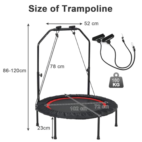 Fitness Trampoline Foldable Exercise Rebounder with 5 Level Adjustable Height Foam Handle, Jumping Fitness Silent Trampoline Safety Net Mini Workout Rebounder for Kids Adults Indoor Outdoor Load 180kg
