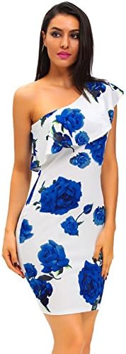Elegant Mini Dress Shoulder Shoulder Gloss Rose Print Dress 61155 White L