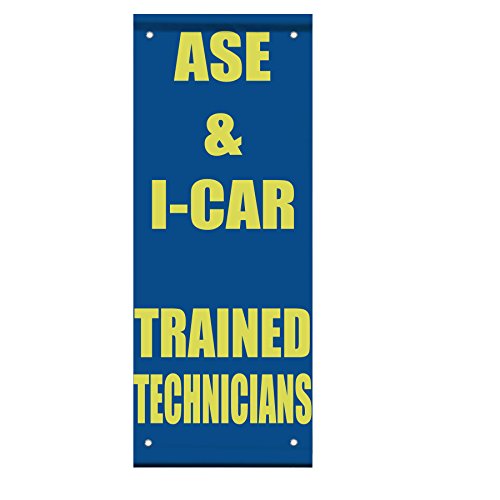 Ase & I-Car Trained Technicians Business Double Sided Vertical Pole Banner Sign 30 in x 60 in w/ Wall Bracket