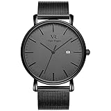 Vigor Rigger Elegant Unisex Analog Quartz Watches for Men Women Minimalist Ultra Thin Black Dial with Date Disply and Stylish Milanese Mesh Band (All Black)