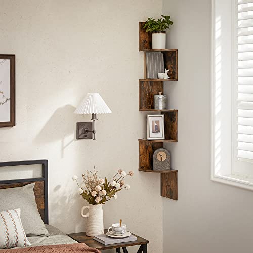 VASAGLE Corner Shelf, 5Tier Floating Wall Shelf with Zigzag Design, Bookshelf, Rustic Brown