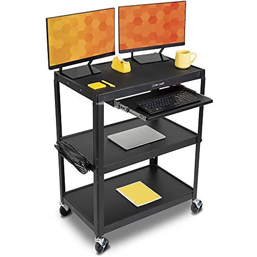 Line Leader Extra Wide AV Cart with Lockable Wheels Adjustable Shelf Height Includes Pullout
