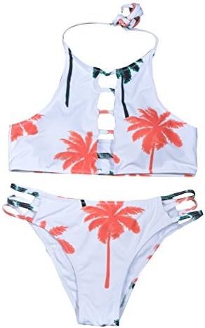 BMJL Women's Coconut Palm Tree Printed Cut Out Bikini Set High Neck Halter Two Piece Swimsuit Swimwear Bathing Suit (S,Coconut Tree)