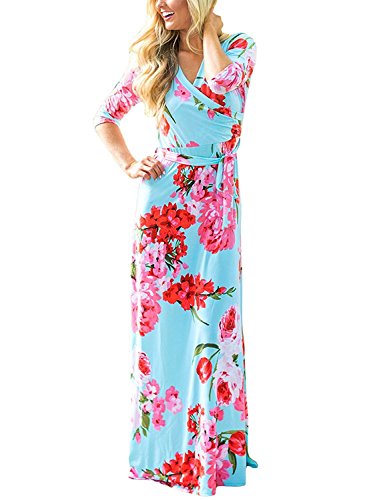 Women's 3/4 Sleeve Vintage Wrap Long Maxi Dress with Belt Medium Sky Blue