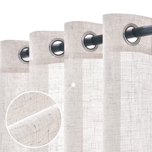 Woaboy Linen Curtains Translucent Net Curtains with Eyelets Modern Decorative for Living Room, Window, Bedroom, 2 Pieces, 140 x 245 cm, White Bleached