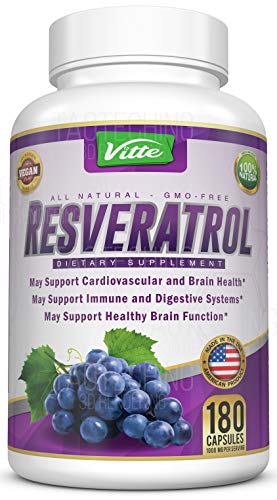 100% Pure Resveratrol - 1000mg Per Serving Max Strength 180 Capsules Antioxidant Supplement Extract Natural Trans-Resveratrol Pills for Heart Health and Weight Loss Made in USA