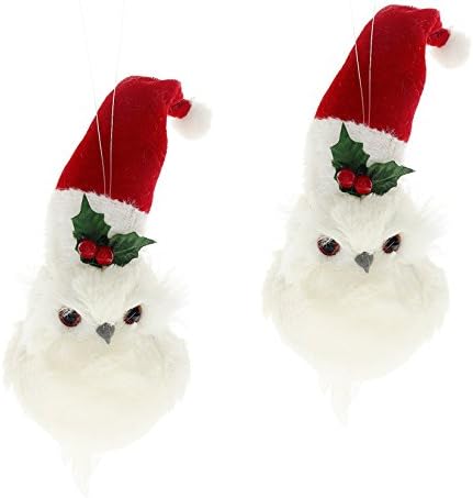 Set of 2 Regency 7.5" Furry White Owl Wearing Santa Hats Ornaments