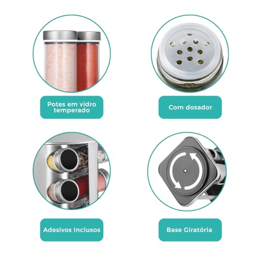 Porta Temperos Giratório 360°, com 20 Potes de Vidro e Aço Inox, Suporte Organizador de Condimentos, Prata