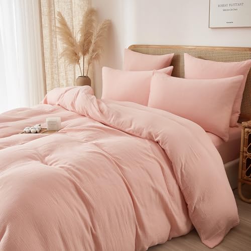 41XSpfFMJzL Luofanfei Bettwäsche 135X200 Muslin Baumwolle Rosa Renforce Uni Sommer Kühlende Boho Bettwäsche Set Einfarbig Weiche Bettbezug Knitterlook Bügelfrei Mit Reißverschluss Und Kissenbezug 80X80Cm