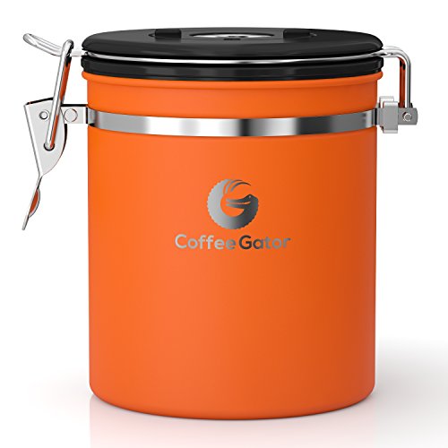 Coffee Gator Stainless Steel Container - Canister with co2 Valve, Scoop, and Travel Jar (Orange, Medium)