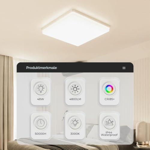 Deckenlampe LED Deckenleuchte Flach: 30x30CM 3000K Küchenlampe Lampe Decke 48W, 4800LM LED Lampen Deckenlampen für Wohnzimmer, Badezimmer, Schlafzimmer, Küche, Flur,Büro, Weiß, Quadrat