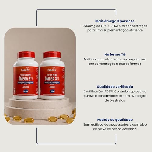 Bigens Supra Plus Ômega 3 + Vitamina E, 990mg EPA | 660mg DHA, Selo Internacional de Qualidade IFOS, 90 Cápsulas, Forma TG (Triglicerídeos)