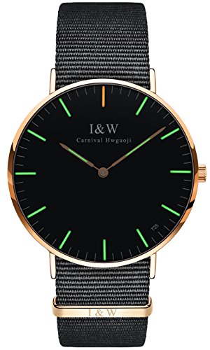 PASOY Men's Tritium Watch Luminous Green Light Sapphire Glass Ultra-thin Gold Case Nylon Band Watches