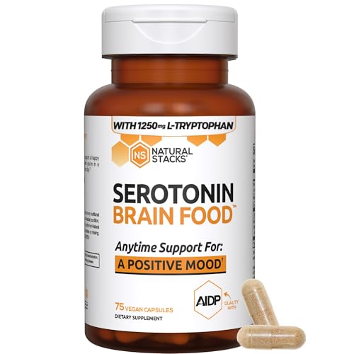 NATURAL STACKS SEROTONIN BRAIN FOOD W/L-TRYPTOPHAN & RHODIOLA ROSEA – MOOD SUPPORT SUPPLEMENT – PROMOTES POSITIVE MOOD, CALMNESS, STRESS RELIEF – HAPPY MOOD & BRAIN SUPPORT SUPPLEMENT – 75 CAPSULES