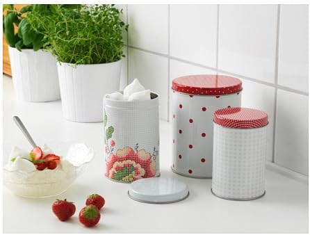 Ikea Set 3 Polka Dot and Floral Containers w/ Lids Cookies Coffee Tea Storage Tins Gift Round