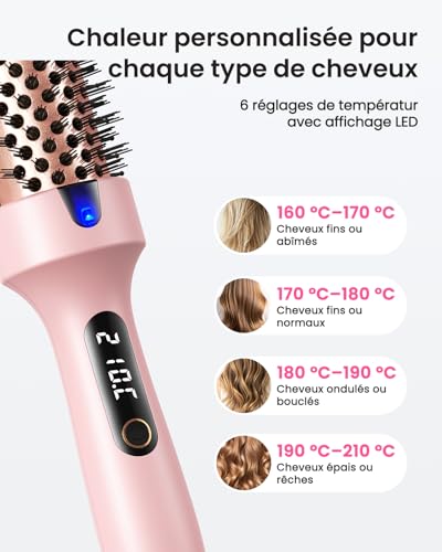 Haokoo Ionic Heating Brush 38mm - Straightening & Curling, Volume, 6 Temperature Levels, Fast Heating (Pink)
