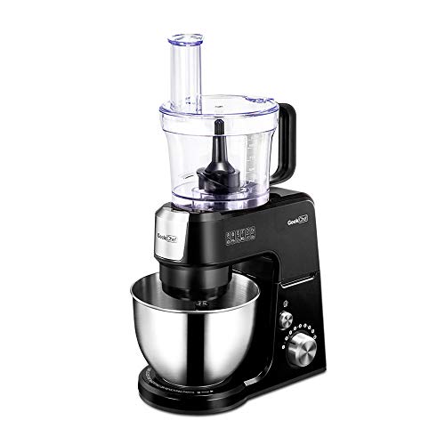 Geek Chef Mini 4-in-1 Stand Mixer: Multi-function, 2.6 Quart Stainless Steel Bowl, 7 Speeds with pulse, Die-cast Tilt Head. Includes Pouring Shield, Beater, Whisk and Dough Hook (Black)