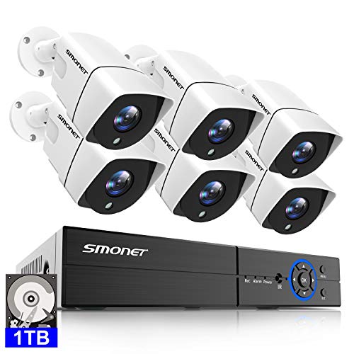 5MP Home Security Camera System,SMONET 8 Channel Ultra HD 4K Output Video DVR Recorder,Wired Security Camera Systems with 6pcs Indoor&Outdoor Waterproof Bullet CCTV Cameras,1TB Hard Drive,Free APP