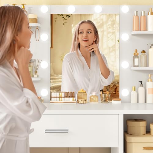 TEENFON Vanity Desk with Mirror and Lights, Makeup Vanity with Large Drawer, 4 Shelves and 5 Jewel Hooks, Dressing Table with Cabinet & Open Compartment for Bedroom, White