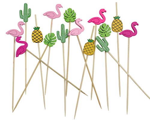 Tropical Cocktail Toothpicks, set of 200 total pieces assorted Flamingo, Cactus, Pineapple, Banana Leaf Hawaiian Lua Set of Party Pick, 4.7" bamboo fancy appetizer tooth picks, (Tropical)