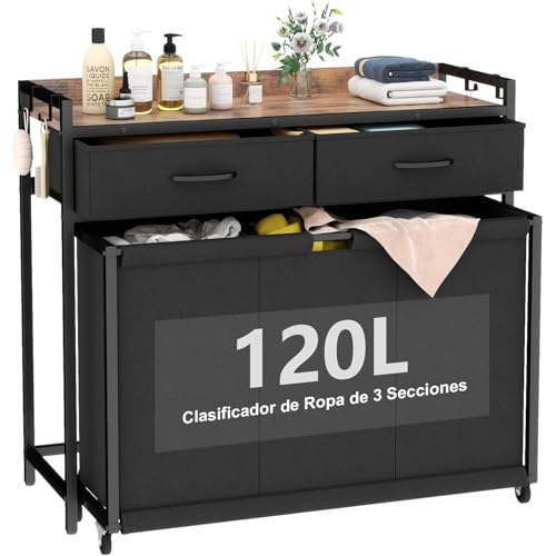KISFAM Cesto Ropa Sucia con 3 Bolsas Extraíbles con Ruedas, Cestos para la Ropa Sucia para Organización y Almacenamiento con 2 Cajones Extraíbles para Usar en la Lavandería, el Baño o el Dormitorio