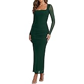 Narecte Womens Formal Dresses Mesh Ruched Maxi Dress Square Neck Long Sleeve Bodycon Fall Wedding Guest Cocktail Dress