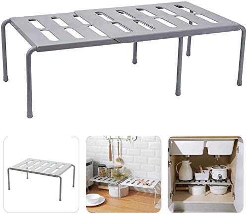 Expandable Cupboard Shelf, Kitchen Shelf Organiser Multi-Function Shelf Organisers for Kitchen Storage, Bathroom Storage, Makeup Storage, Desk, Grid Design can Drain - Gray
