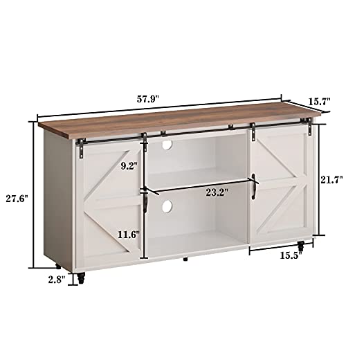 White Farmhouse TV Stand Sliding Barn Door, Modern Rustic Wood
