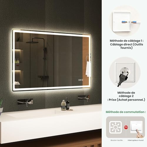 S'bagno Bluetooth-Mirror-Bathroom-with-Lighting-120x70cm, LED-Mirror-Anti-fog, 3000K-6500K, Dimmable, Memory, HD Tempered Glass, IP44-Mirror-Bathroom-Led, Horizontal/Vertical