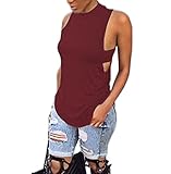 Romastory Women's Casual Hollow Back T-shirts Loose Sleeveless Tank Top Tee (M, Wine Red)