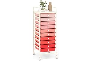 OFFICEJOY Storage Cart, Rolling Utility Cart with 10 Drawers, Portable Handles & Lockable Wheels, Mobile Paper Toys Storage Organizer Large Capacity for Home Office School Teacher (Gradient Pink)