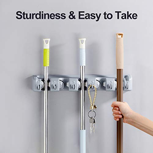 Veeca Skidproof Mop and Broom Holder Garden Tool Organizer with 5 Position and 6 Hooks Wall Mounted Garage Hanger for Kitchen, Garage, Garden, Warehouse