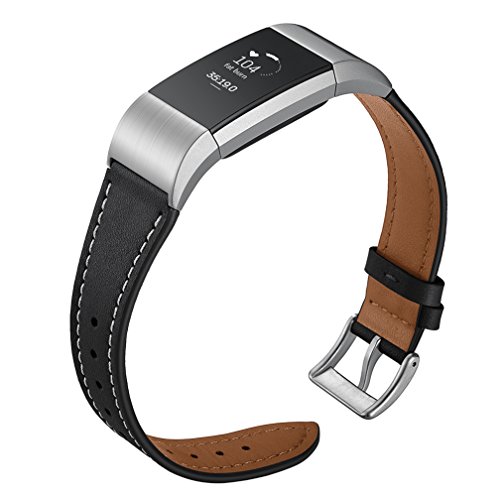 MoreToys Genuine Leather Adjustable Replacement Accessory Sport Watch Band Wrist Strap Bracelet for Fitbit Charge 2 Fitness Wristband (Black)