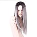 AISI HAIR Synthetic Long Straight Grey Ombre Wigs Middle Part Wig Dark Brown Roots Silver Grey Wig Ombre Heat Resistant Fiber Two Tone Full Wigs for Women