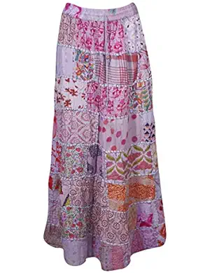 Women's Long Skirt Pink Printed Patchwork Gypsy Flared Maxi Skirts