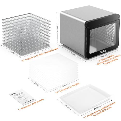 YASHE Food Dryer, 800W Dehydrator with LED Display, Temperature Up to 75°C and 48H Timer, 9 Stainless Steel Trays, 9 Mesh Sifters, 1 Fruit Tray